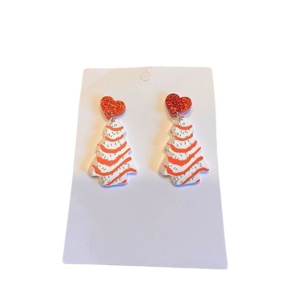 Little Debbie Christmas tree snack earrings holidays hearts dangling - Picture 1 of 5